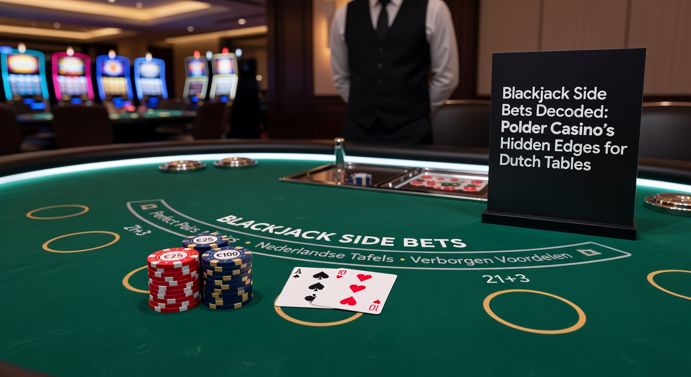 Blackjacktafel met side bets opties zichtbaar bij Polder Casino, inclusief Perfect Pairs en 21+3