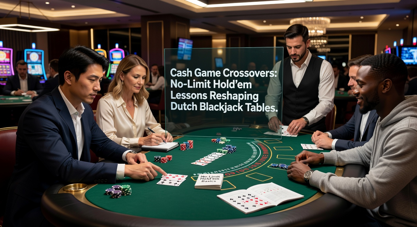 Spelers aan een Nederlandse blackjacktafel met pokerinvloeden, kaarten en fiches in actie