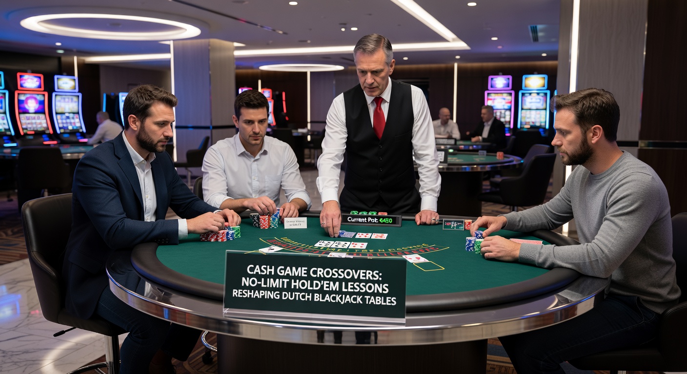 Close-up van een no-limit Hold'em cash game met Nederlandse spelers, overgang naar blackjack-elementen zichtbaar in strategiekaarten