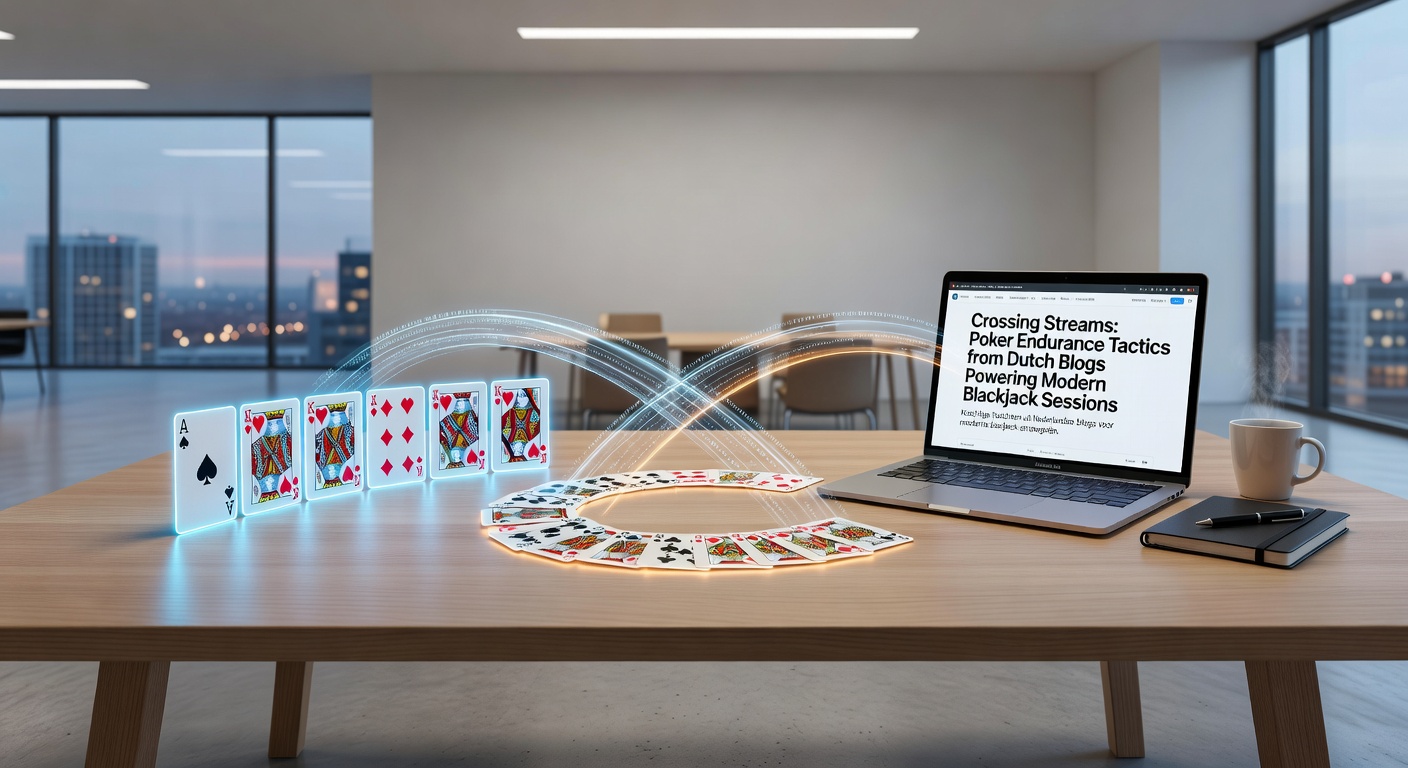 Nederlandse pokerbloggers analyseren endurance tactieken tijdens een lange sessie, met blackjackkaarten op de achtergrond