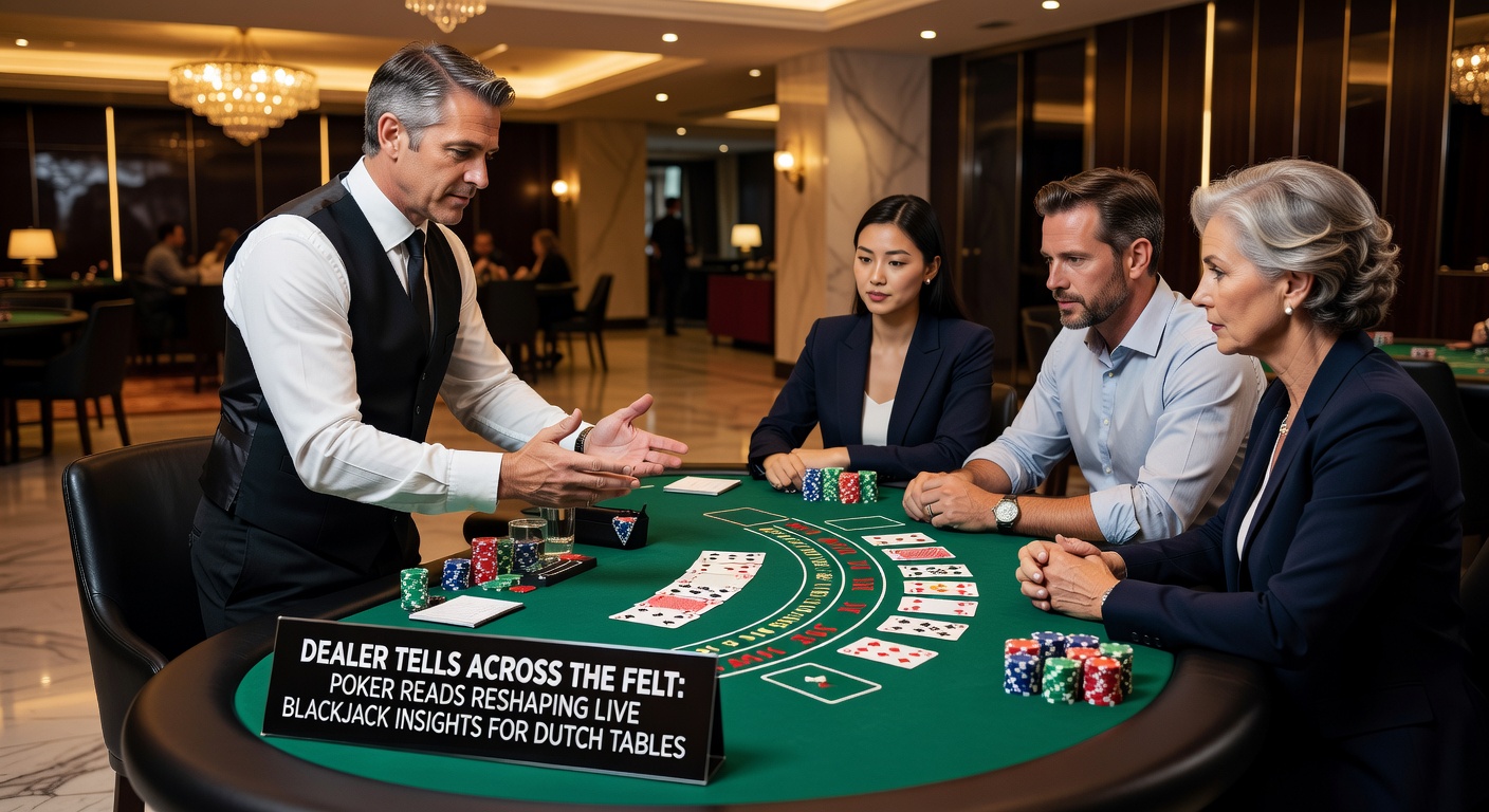 Dealer aan blackjacktafel deelt kaarten uit terwijl spelers poker-achtige reads uitvoeren in een Nederlands casino