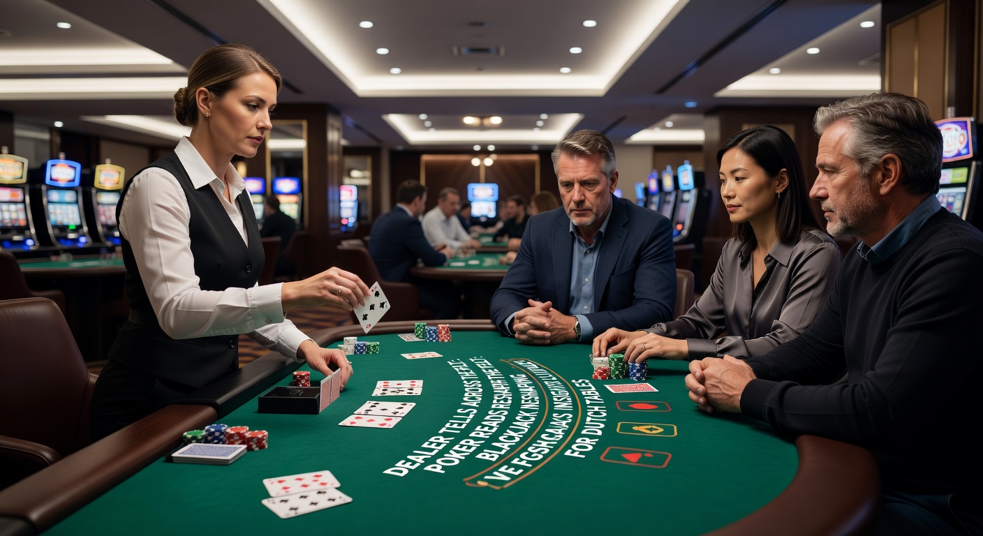 Close-up van poker spelers die dealer tells analyseren aan een live blackjacktafel in Nederland