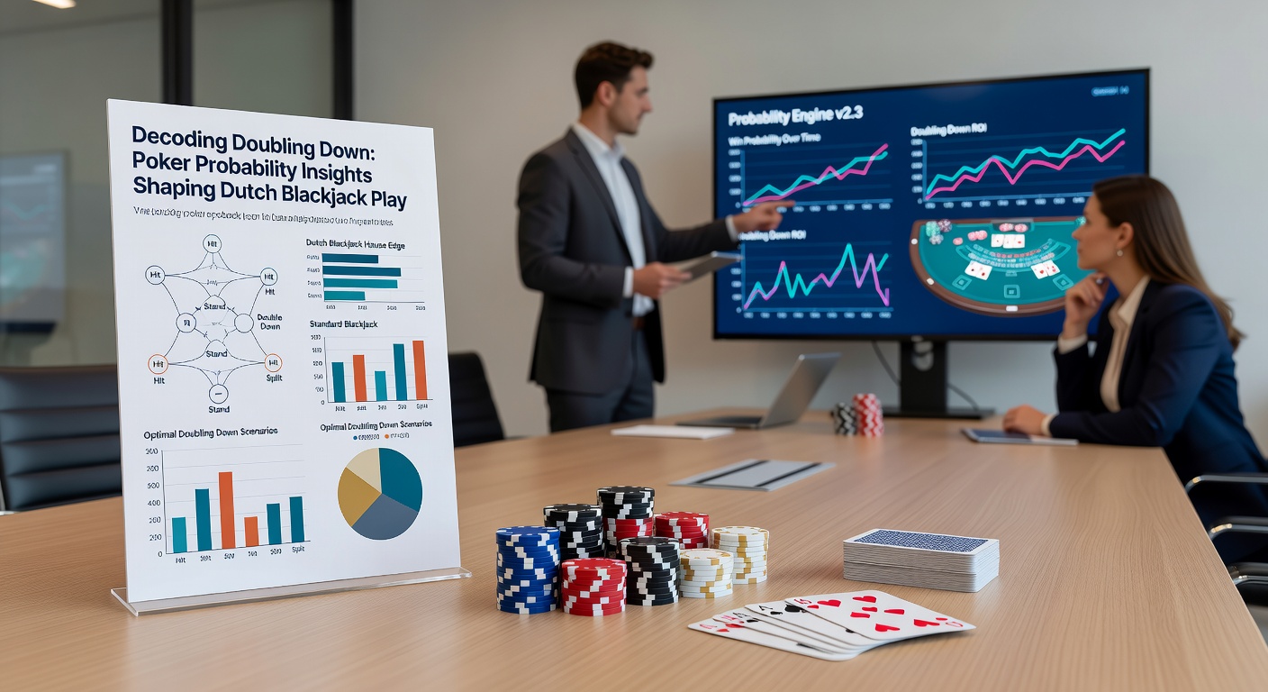 Grafiek met poker equity curves en blackjack doubling charts, overlayend op een Nederlandse vlag voor lokale context