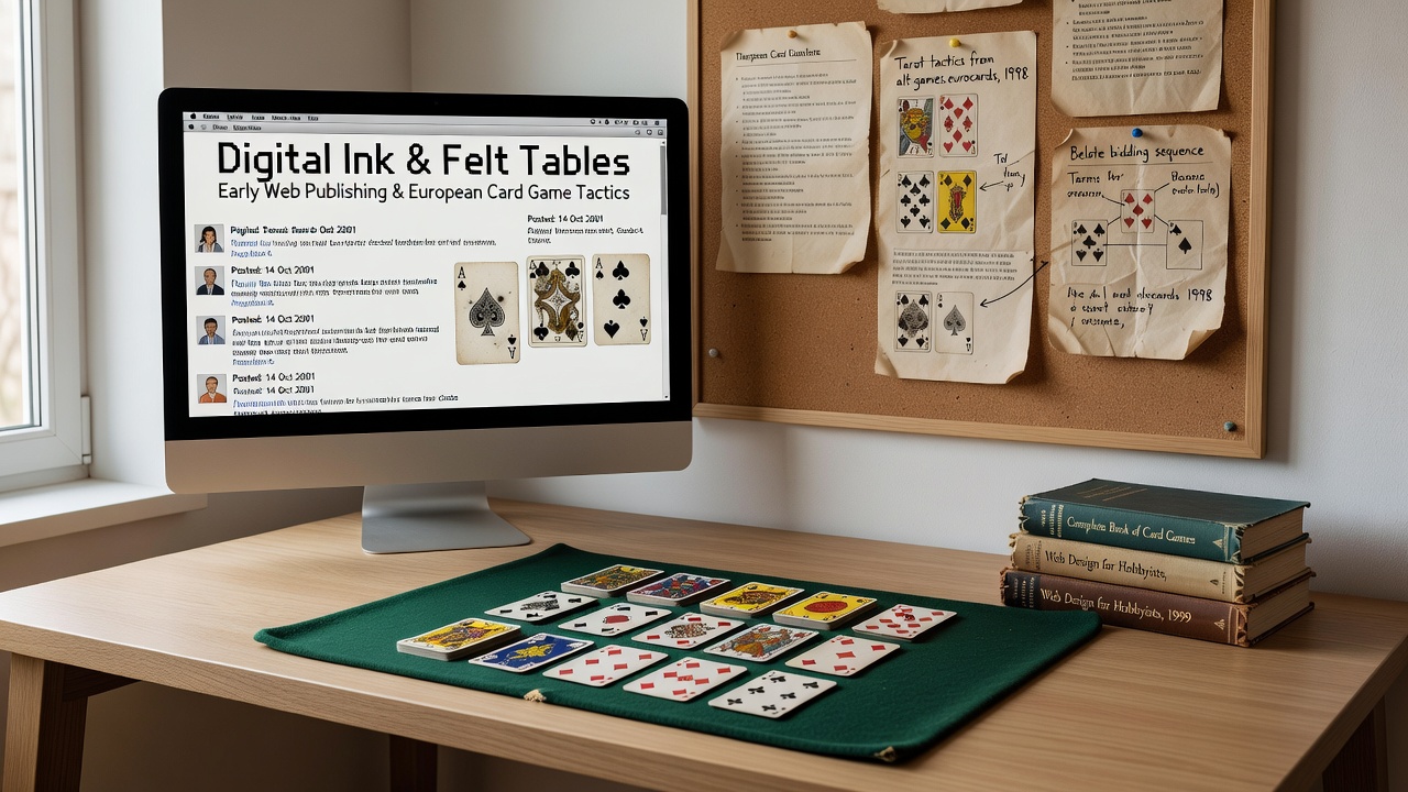Vroege webpagina's met digitale inkt tonen kaarten en tactische schema's voor Europese kaartspellen