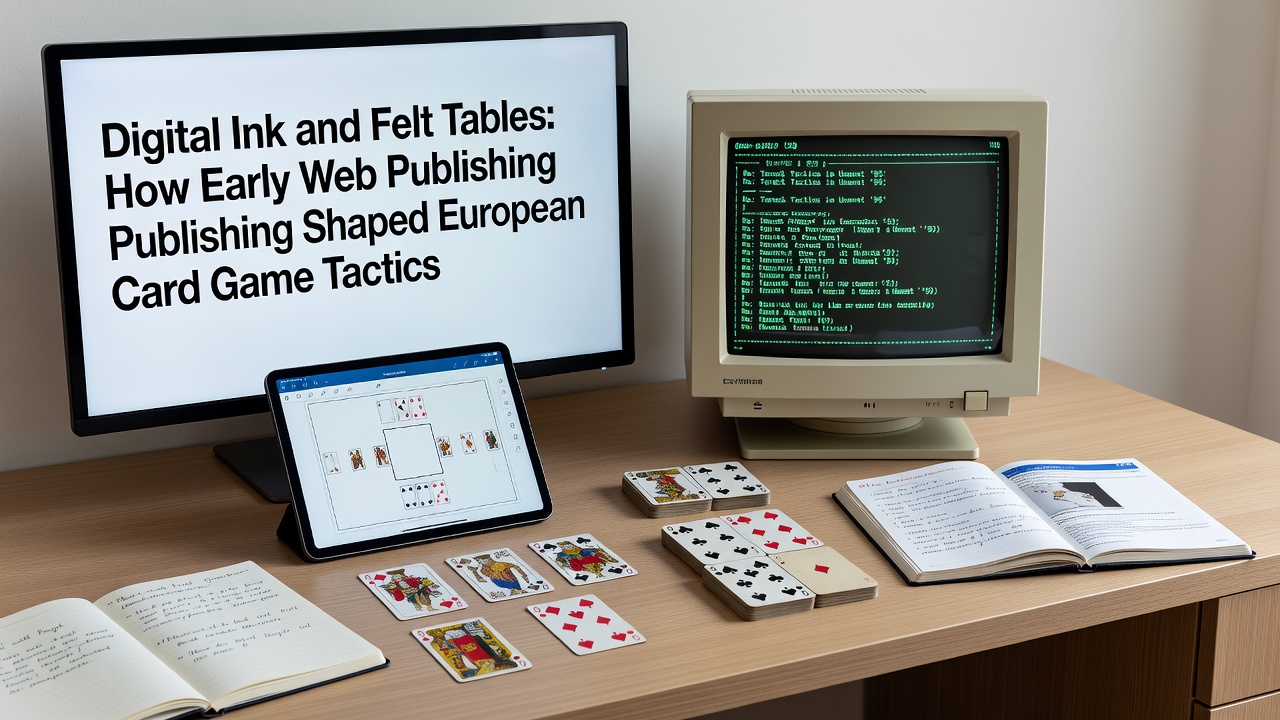 Felt tafels met kaarten naast een laptop die vroege webpagina's toont met Europese tactieken