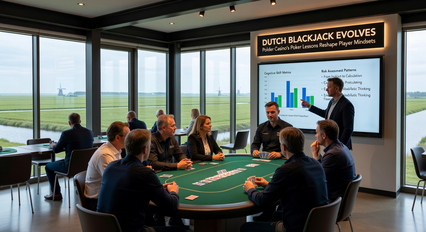 Polder Casino interface met poker en blackjack overlappend, spelers chatten over strategieën in een levendige online sessie