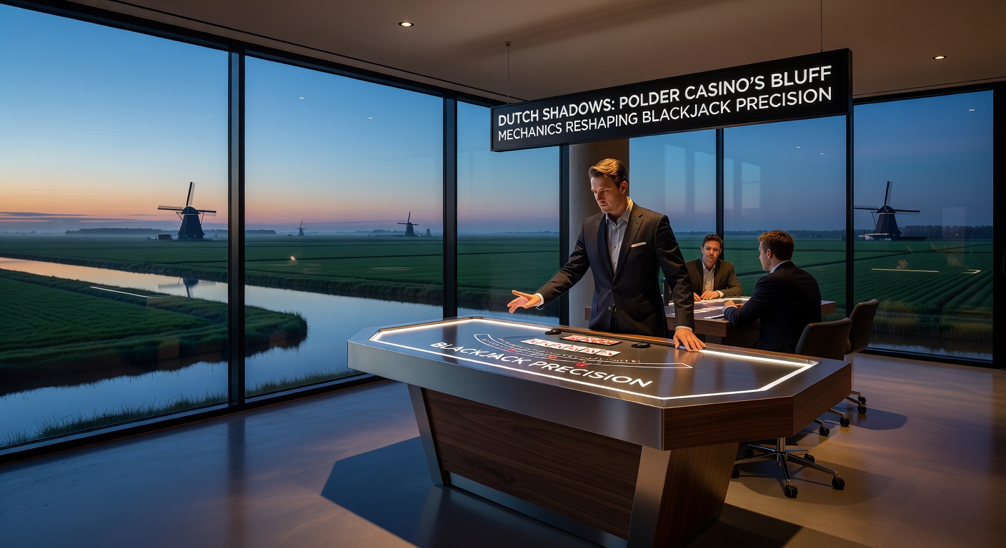 Afbeelding van een schaduwrijke blackjacktafel bij Polder Casino, waar bluff-elementen de kaartenstrategie beïnvloeden