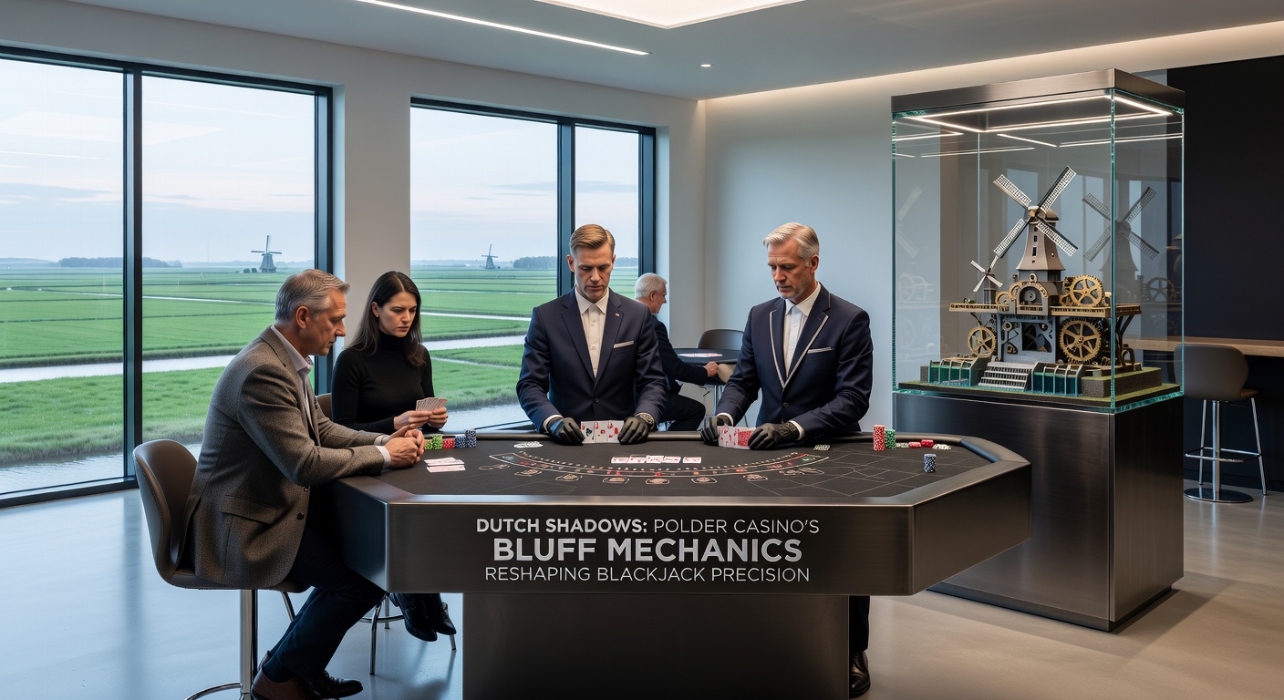 Close-up van een Polder Casino blackjack-interface met subtiele bluff-indicatoren en Nederlandse spelersstatistieken