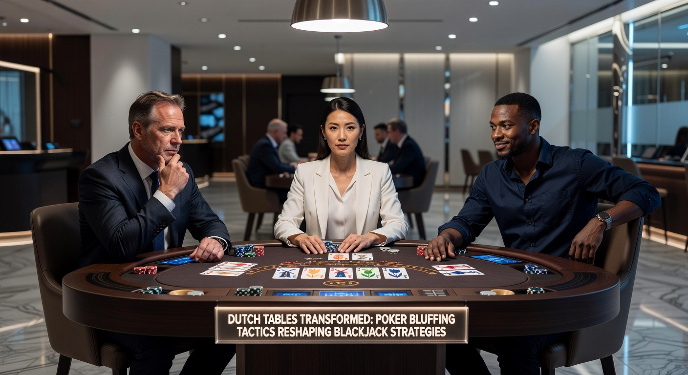 Close-up van een Nederlandse blackjacktafel met pokerfiches en spelers in intense discussie over strategieën