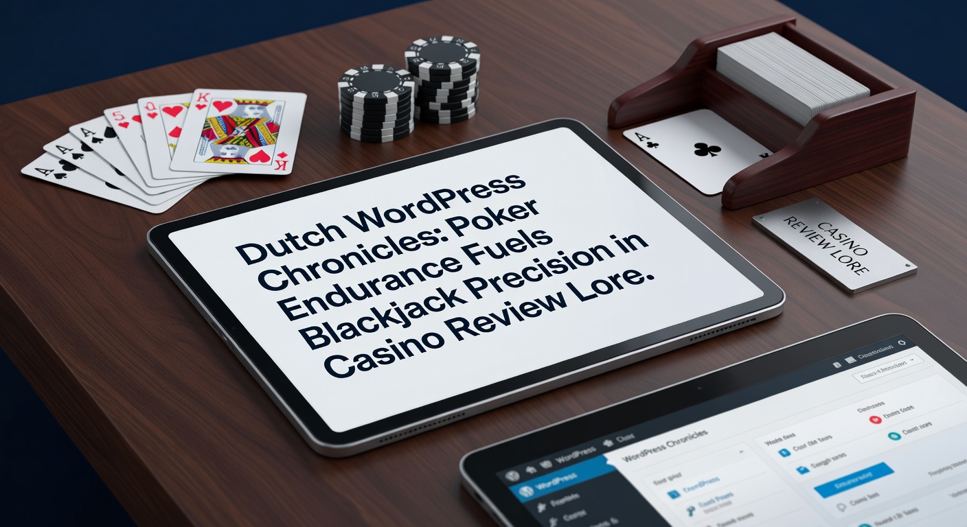 Een vintage WordPress-bloginterface met pokerkaarten en blackjackfiches verspreid over een Nederlands casino-thema achtergrond, symboliserend de kruising van uithoudingsvermogen en precisie