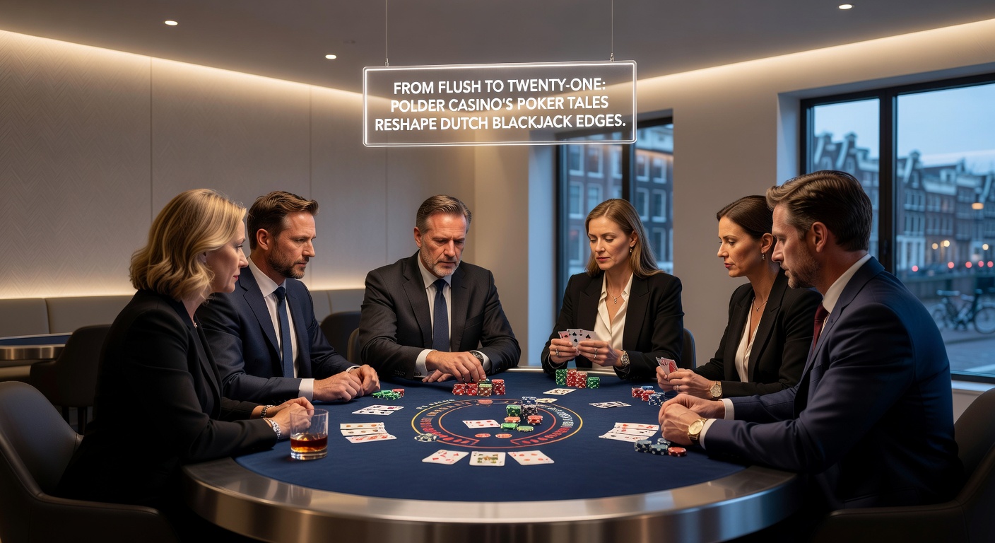 Dynamische scène van Nederlandse spelers die pokerkaarten analyseren voor blackjackvoordelen bij Polder Casino