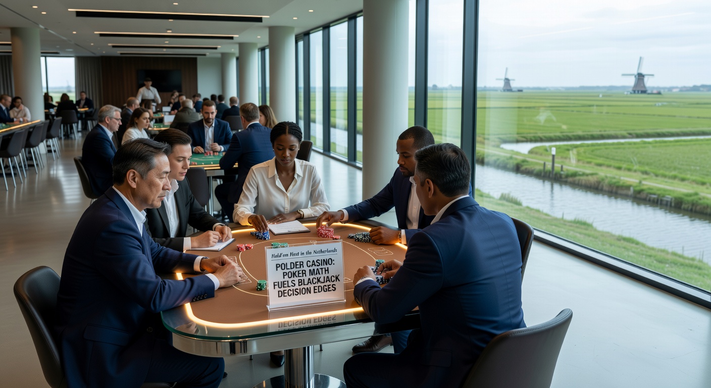 Spannende Hold'em tafel bij Polder Casino met spelers die pokermathematica toepassen, achtergrond van Nederlandse polders
