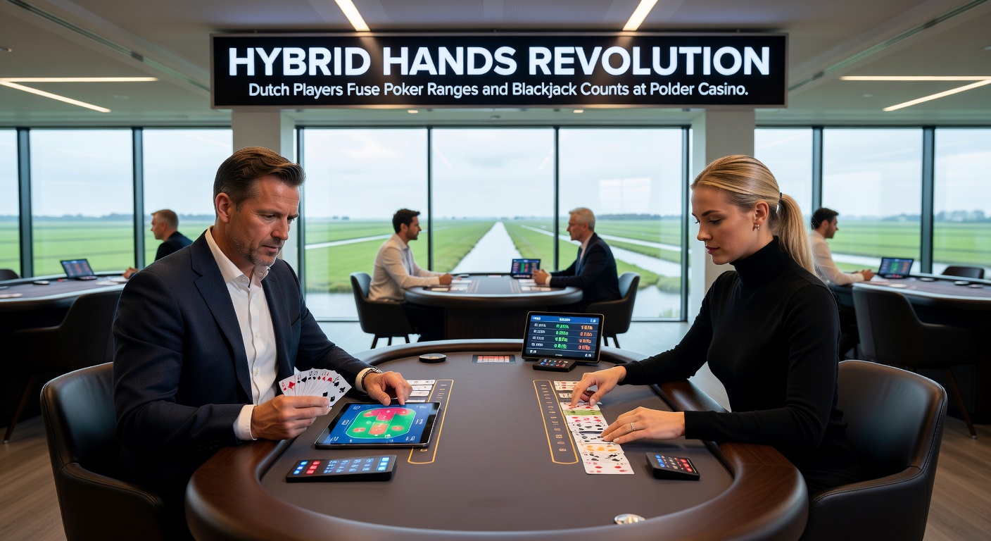 Nederlandse spelers aan een tafel bij Polder Casino, combinerend poker- en blackjack-tactieken met kaarten en chips in actie
