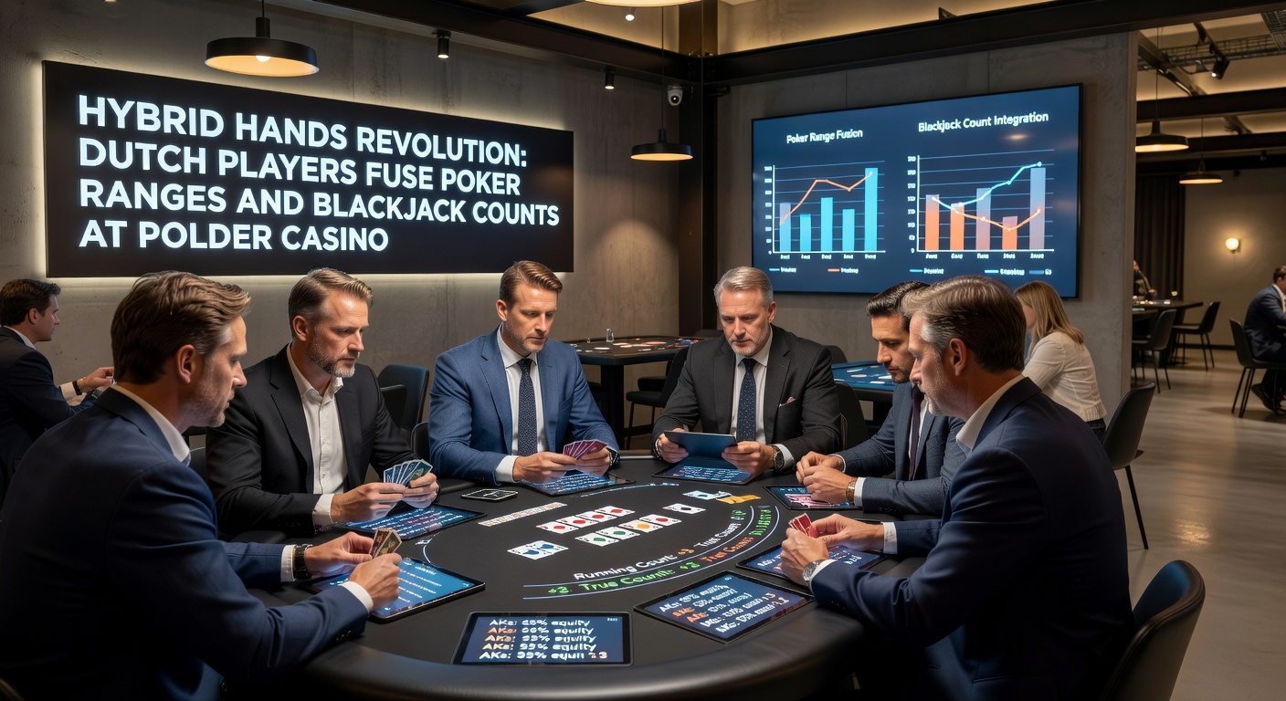 Grafiek met poker ranges en blackjack counts overlappend op een digitaal scherm bij Polder Casino, illustrerend hybride analyse