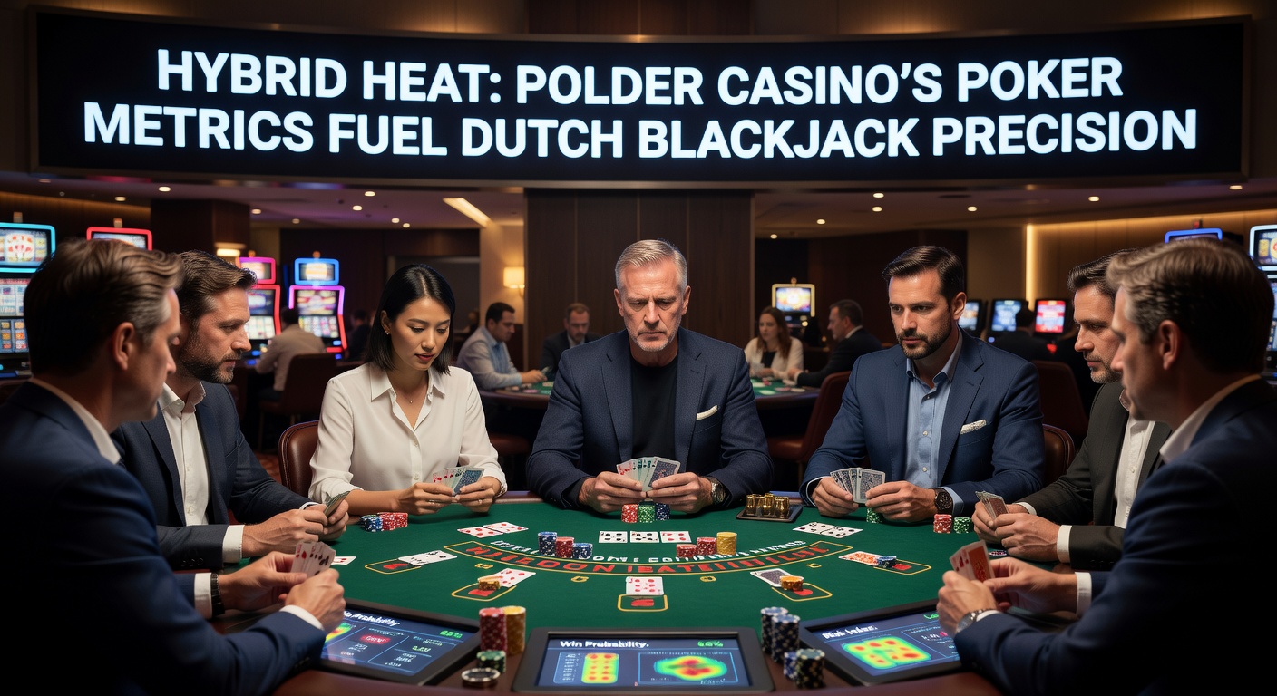 Grafiek met poker- en blackjack metrics die overlappende strategieën tonen bij Polder Casino, met Nederlandse vlag op de achtergrond