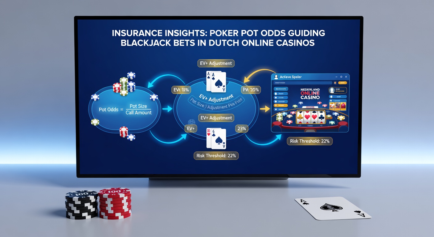Vergelijkende infographic van pot odds berekeningen in poker naast blackjack insurance scenario's in een Nederlands casino setting