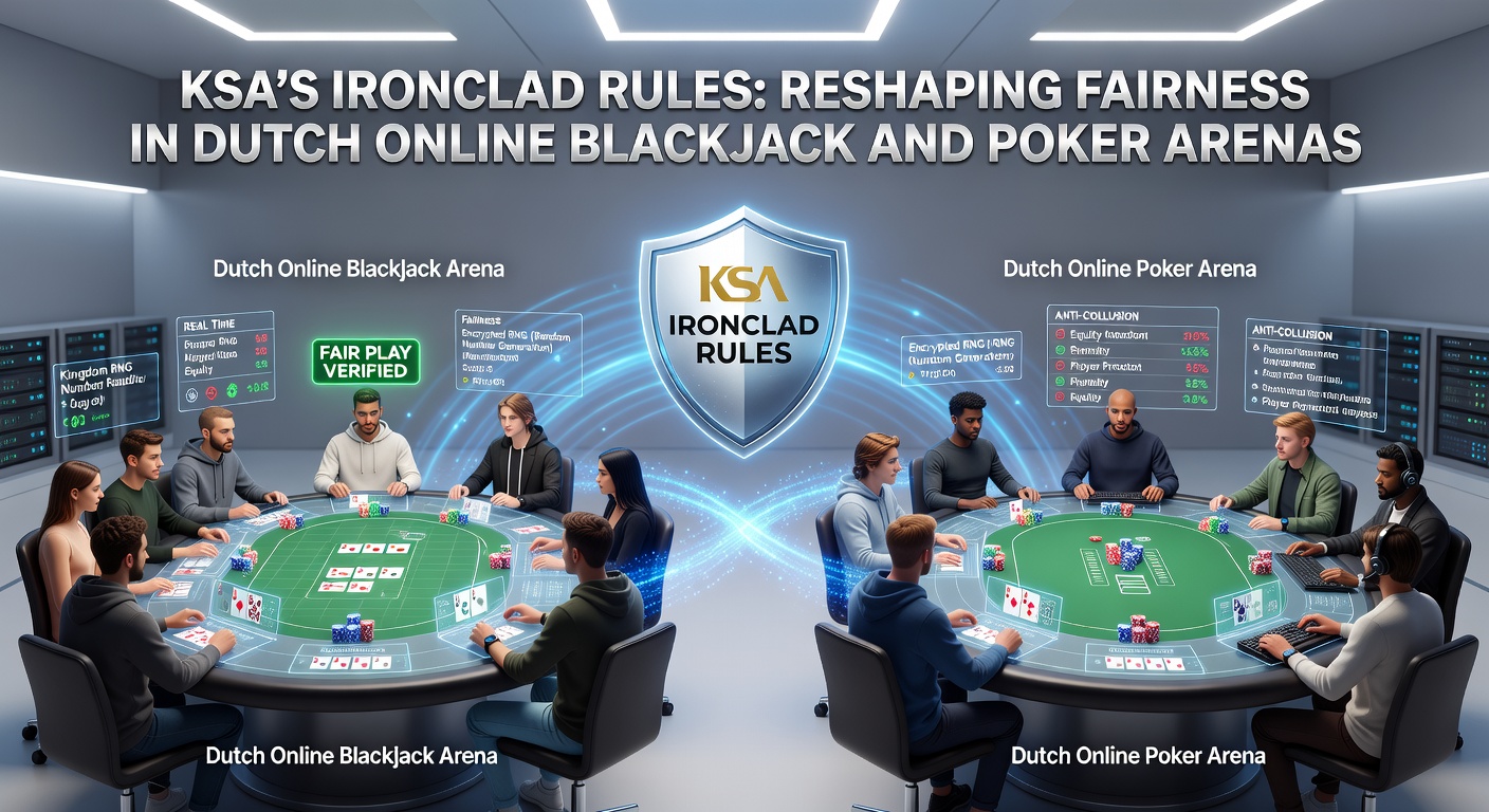 Afbeelding van een digitale pokertafel met KSA-stempel en fairness-iconen, symboliserend gereguleerde online poker in Nederland