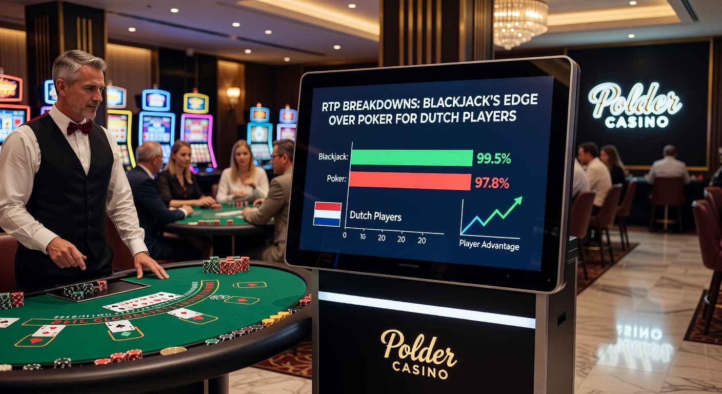 Grafiek met RTP-vergelijking tussen blackjack en poker bij Polder Casino, highlightend blackjack's hogere returns voor Nederlandse spelers