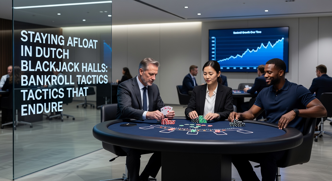 Een speler aan een bruisende blackjacktafel in een Nederlands casino, omringd door stapels chips die een solide bankroll symboliseren