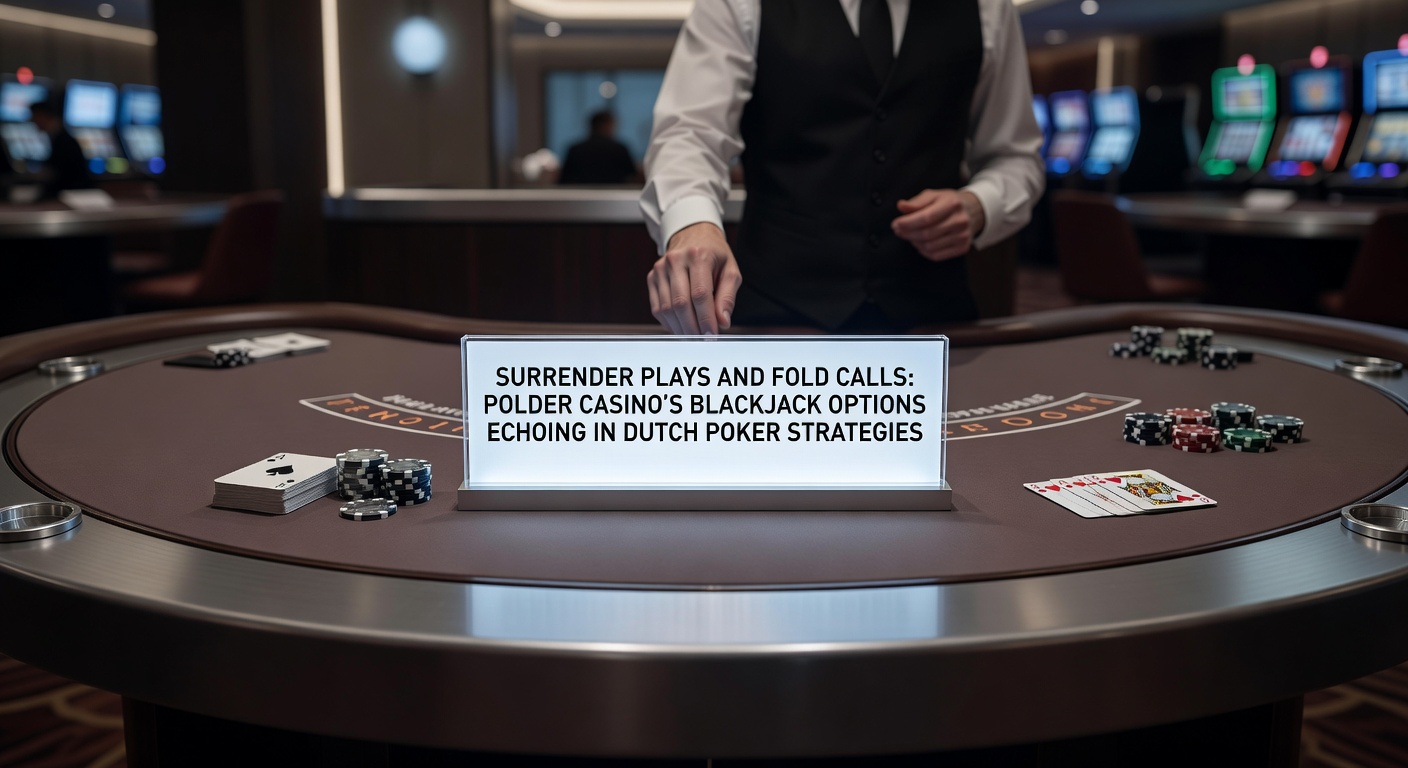 Blackjacktafel bij Polder Casino met surrender-optie zichtbaar, omringd door pokerkaarten voor strategische vergelijking