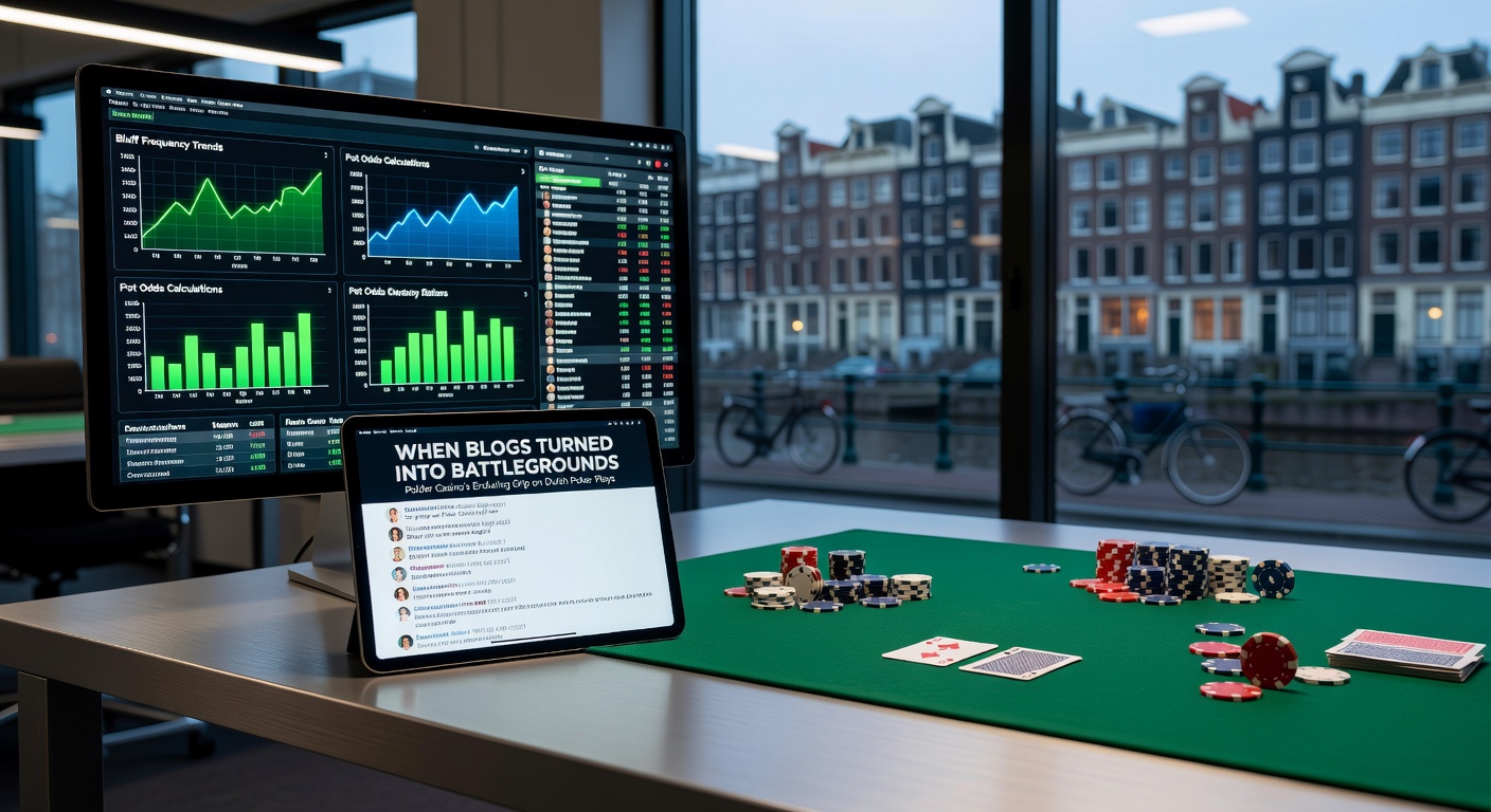 Illustratie van intense online pokerdebatten op Nederlandse blogs, met Polder Casino-logo prominent