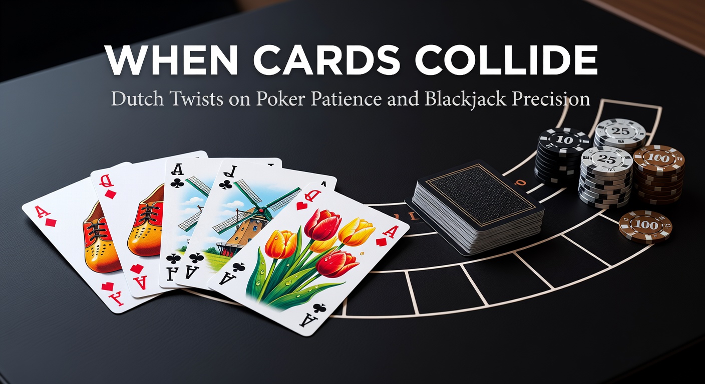 Kaarten die in een Nederlandse speelkaartstijl botsen, met symbolen van pokerhanden en blackjacktactieken vermengd