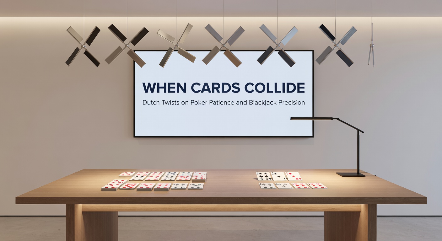 Dichte-up van een Nederlandse blackjacktafel met pokerpatience-kaarten erbovenop gestapeld, symboliserend de botsing van strategieën